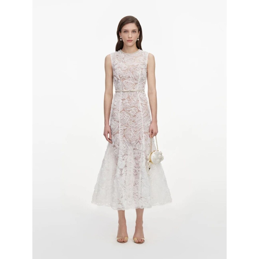 Self-Portrait White Tulle Floral Lace Midi Evening Party Dress